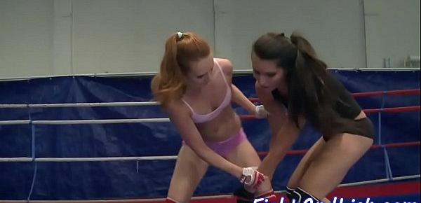  Pussylicking dykes wrestle in a boxing ring